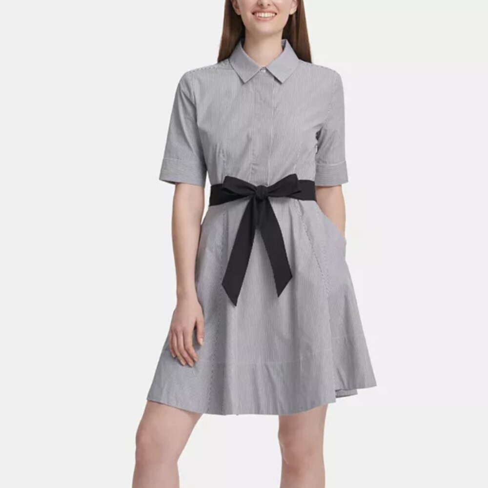 DKNY Black and White Striped Fit and Flare Cotton Shirt Dress (no belt)